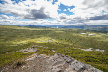 top view of norwegian mountain landscape, selective focus