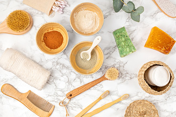 Homemade clay facial mask. Zero waste eco friendly diy beauty products ingredients on light background, flat lay