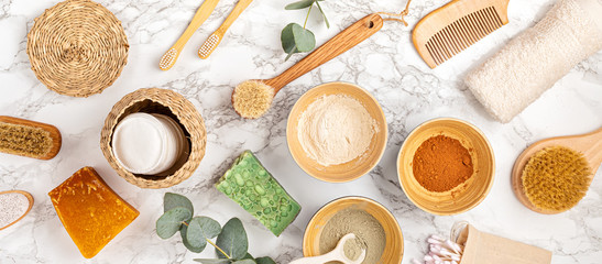 Homemade clay facial mask. Zero waste eco friendly diy beauty products ingredients on light background, flat lay