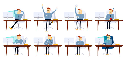 Set of poses businessman with different emotions and expressions. Color vector illustration