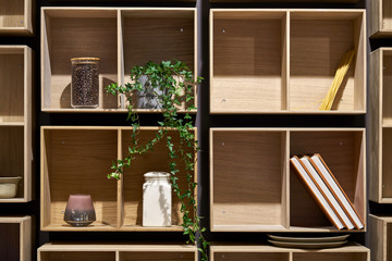 Obraz na płótnie Canvas Construction of light wooden shelves with objects