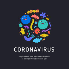 Coronavirus banner, various kinds of viruses and bacteria, cute cartoon characters, covid-19, vector background template, cute doodle illustrations