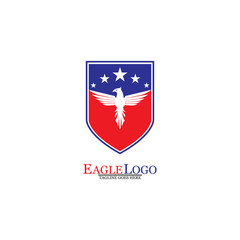 Eagle logo template design with a shield and stars. Vector illustration.