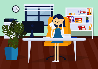 Businesswoman sitting on chair in office and reading paper documents. Front view. Color vector flat illustration