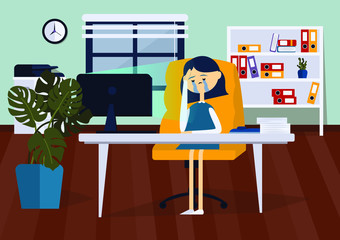 Upset businesswoman sitting on office chair at a computer desk. She is he cries and wipes his tears with his hands. Front view. Color vector cartoon illustration