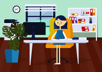 Businesswoman sitting on office chair at a computer desk. She is looking at the computer monitor and writes with pen on paper. Front view. Color vector cartoon illustration