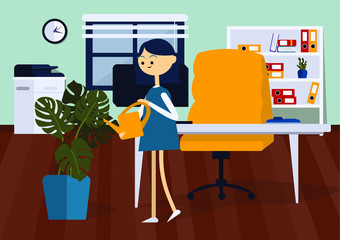 Joyful businesswoman standing in office room and water the plant. Side view. Color vector cartoon illustration