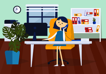 Businesswoman sitting on office chair at a computer desk. He is talking on the phone. Front view. Color vector cartoon illustration