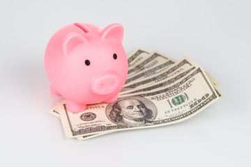 Pink piggy money box in pile of dollar banknotes, currency concept