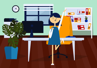Joyful businesswoman jumping in office room. Front view. Color vector cartoon illustration