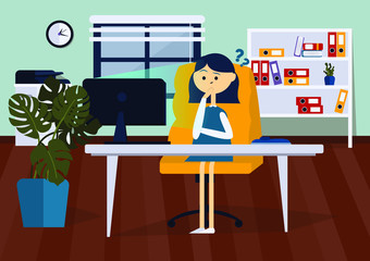 Businesswoman is upset sitting on office chair at a computer desk. She is looking at the computer monitor. Front view. Color vector cartoon illustration