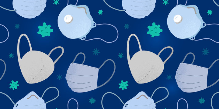 Various medical masks, coronavirus pandemic protection, disposable ffp2, ffp3 respirators, seamless vector background, facial masks for doctors, epidemic prevention