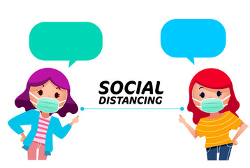 Vector cute teenager women characters having conversation in social distancing method isolated on white background