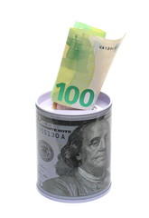 Hundred euro banknotes, cash money  and hundred dollar themed coin container, piggy bank, isolated on white background