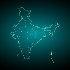 Map of India. Wire frame 3D mesh polygonal network line, design sphere, dot and structure. communications map of India. Vector Illustration EPS10. - Vector