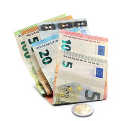 Euro banknotes with change, cash money and coins isolated on white background