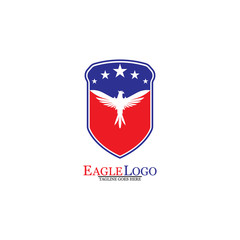 Eagle logo template design with a shield and stars. Vector illustration.