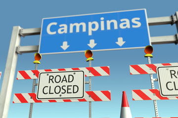 Roadblocks near Campinas city road sign. Lockdown in Brazil conceptual 3D rendering