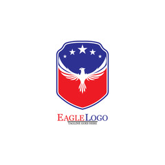 Eagle logo template design with a shield and stars. Vector illustration.