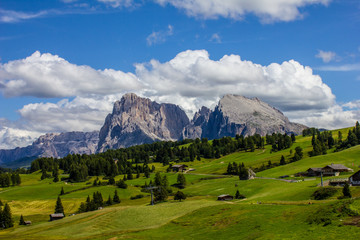 View of Seiser Alm with Sella and Langkofel Group Mountains in the Background