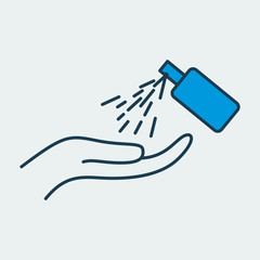 Vector icon of a hand sanitizer spraying on hand. It represents a concept of cleanliness, body care, healthy lifestyle and virus protection. Also can be used as a logo