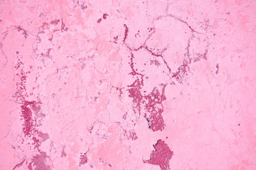 Fragment of old house wall close-up. Pink background. Peeling plaster on concrete surface. Cracks in paint. Copy space. Place for text. Selective focus image.