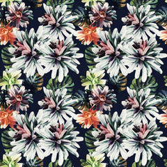 Obraz premium Exotic plants with monstera leaves, seamless pattern.
