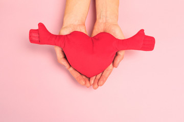 Obraz premium Beautiful young woman's hands holding plush heart on pastel pink background .