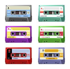 Retro Cassettes. Vintage tape cassette. Retro mixtape, 1980s pop songs tapes and stereo music cassettes.