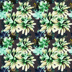 Exotic plants with monstera leaves, seamless pattern.