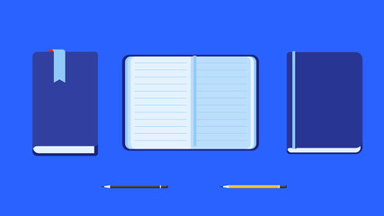 Set of flat vector open books with pencils