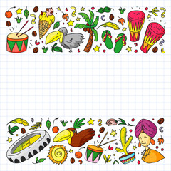 Brazilian vector pattern with palm, beach, firework. Brazil icons for posters and banners.