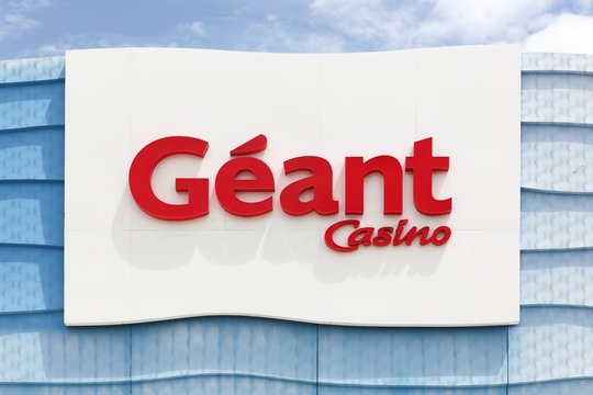 Montpellier, France - May 31, 2017: Geant Casino logo on a facade. Geant Casino is a hypermarket chain based in Saint Etienne, France