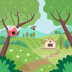 Rolgordijnen Kinderkamer Spring countryside landscape with house, trees and birds. Cute vector illustration in flat style  © Biscotto Design