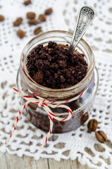 Coffee and cocoa face and body scrub. Homemade beauty treatment recipe.