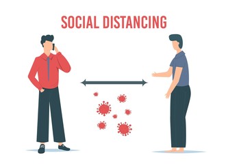 Social Distancing Quarantine, people surrounded by viruses. Social Distancing keeping distance for infection risk and disease.