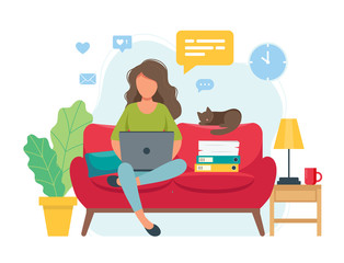 Home office concept, woman working from home sitting on a sofa, student or freelancer. Cute vector illustration in flat style - obrazy, fototapety, plakaty
