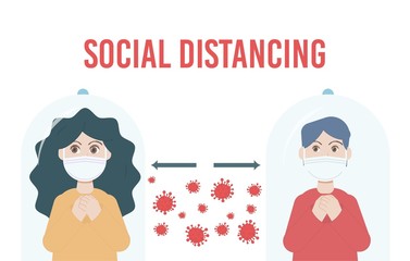 Social Distancing Quarantine, people surrounded by viruses. Social Distancing keeping distance for infection risk and disease.