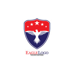 Eagle logo template design with a shield and stars. Vector illustration.