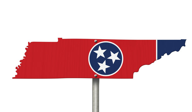 State of Tennessee road sign in the shape of the state map with the flag