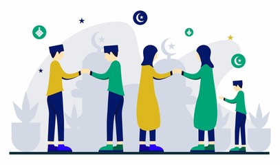 Family Celebrate Eid Mubarak flat Illustration