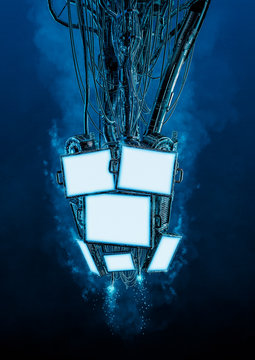 Techno display array / 3D illustration of futuristic science fiction glowing computer monitors hanging from jumbled cables