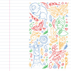 Brazil vector doodle pattern with symbols of country. Soccer, statue of Jesus, mask, monkey, soccer.