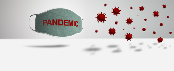 3D illustration of a protection mask with the text pandemic
