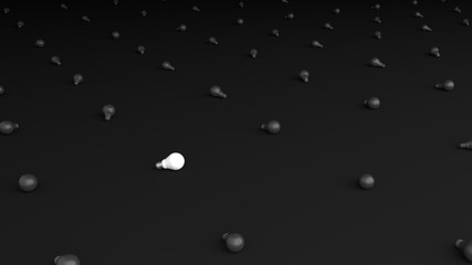 3D rendering. The Glowing white LED light bulb is surrounded by many black light bulb. Striking white LED light bulb. Glowing white LED light bulb Isolated on Simple black background,Minimalist Black.