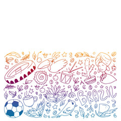 Coloring page with Brazil. Vector doodle pattern with symbols of country. Soccer, statue of Jesus, mask, monkey, soccer.