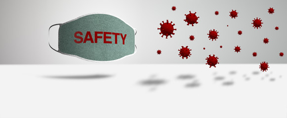 3D illustration of a protection mask with the text safety