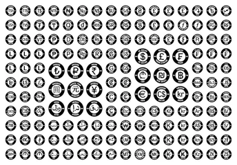 Foto op Aluminium Full set of all world currency icons. New international money symbols with ISO 4217 codes and abbreviations. Black vector flat round signs isolated on white © UltimaSperanza