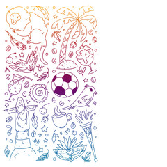 Coloring page with Brazil. Vector doodle pattern with symbols of country. Soccer, statue of Jesus, mask, monkey, soccer.