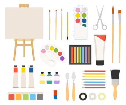 Painter art tools. Paint arts tool kit vector illustration. Watercolor painting design artists supplies, easel and palette, painting brush and draw materials